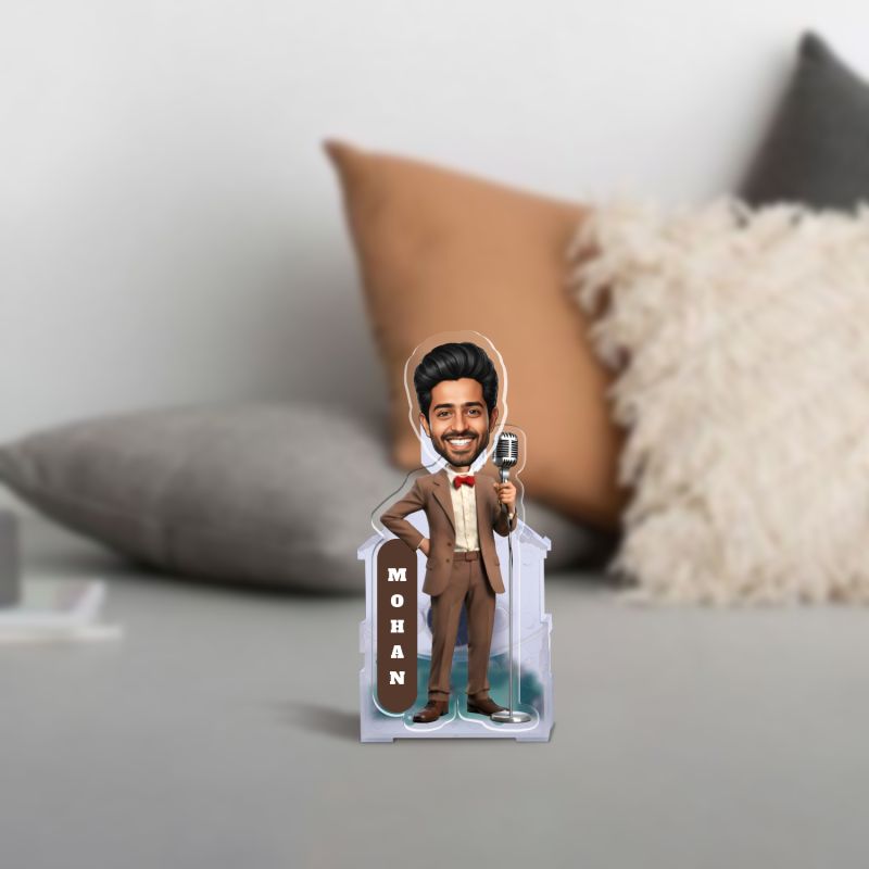Personalized Male Singer Microphone Cartoon Bobblehead Caricature, Gift for Music Lovers Men Solar Powered Moving Head for for Living Room Car Dashboard, Home, Office Desk